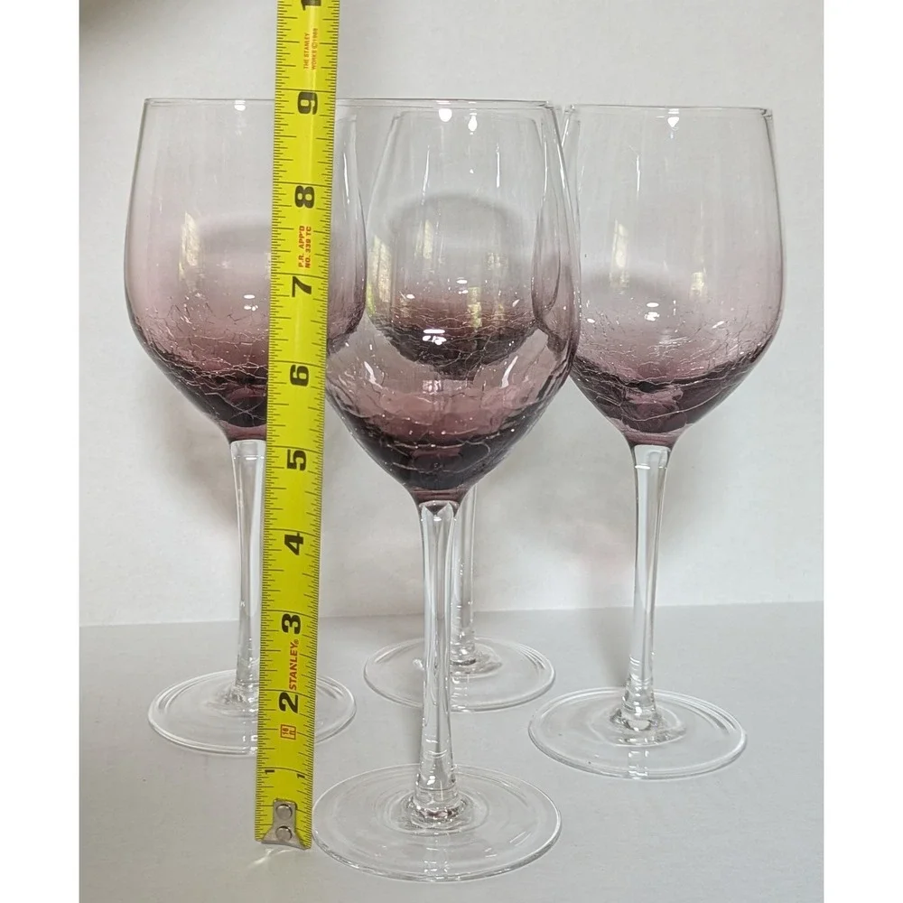 Discontinued Pier 1 Hand Blown Amethyst Crackle Glass Balloon Style Goblets (4)